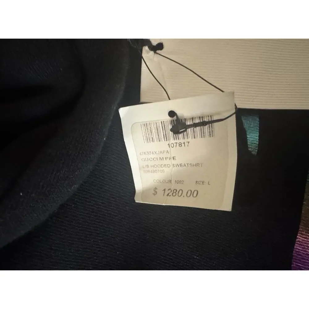 New With Tags Gucci Metallic Logo Print Pullover Black Hoodie Size L $1280.00